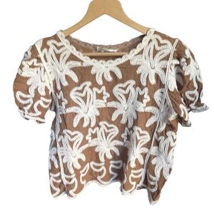 Bohemian Brown Short Sleeve Cotton Top with Cream Embroidery Boutique Brand S‎